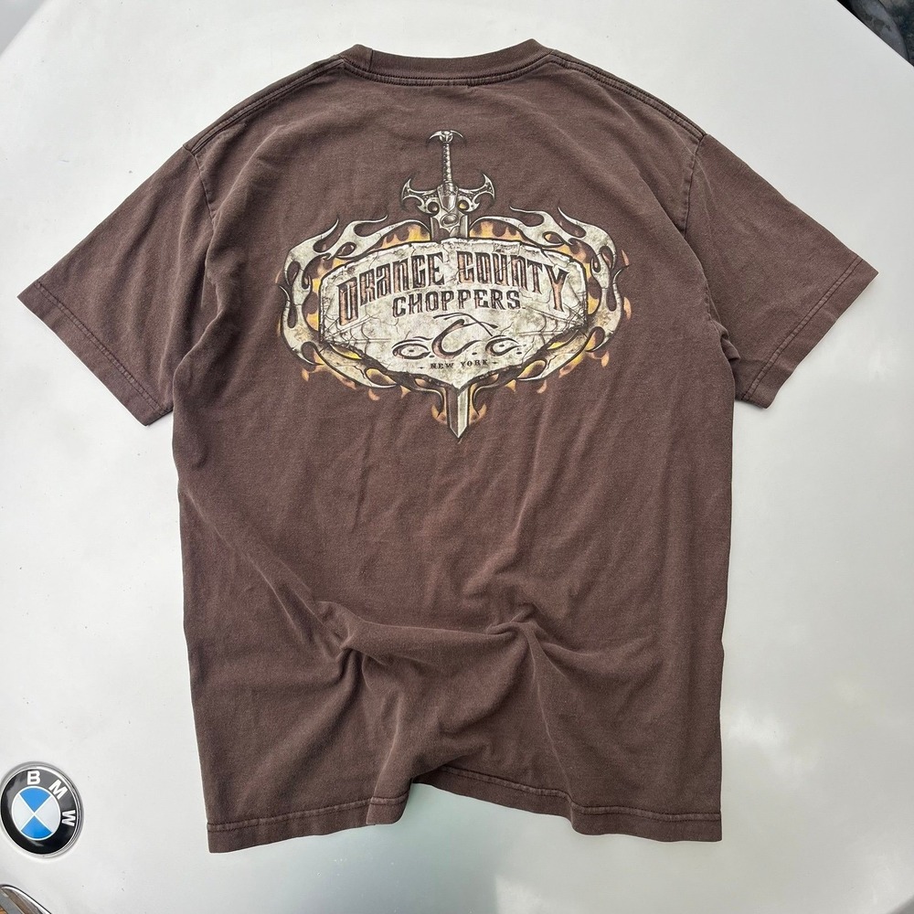 Orange County Choppers brown grunge biker sword skull cotton tee